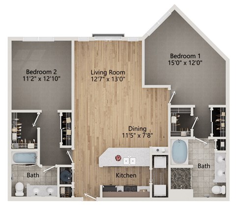 Floor plan for 2 beds, 2 baths, 1299 sqft